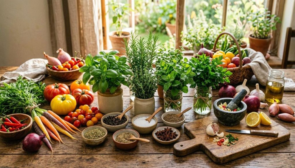 Fresh vegetables and herbs for healthy home cooking