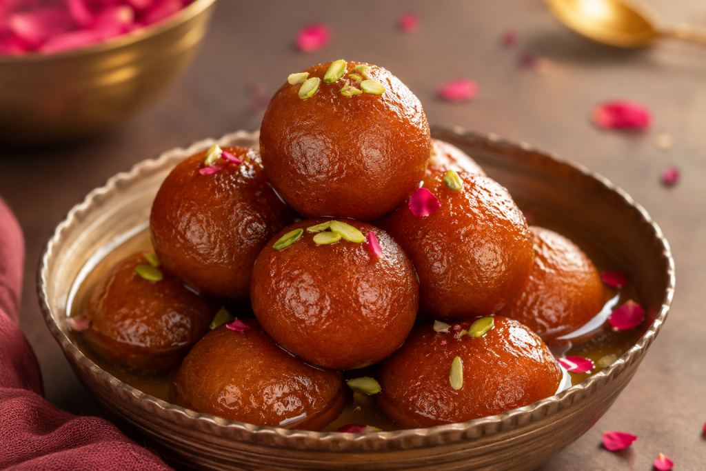 Gulab Jamun served with sugar syrup and pistachios