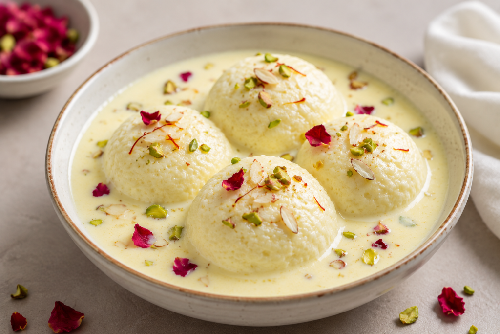 Rasmalai served in creamy saffron milk with pistachios