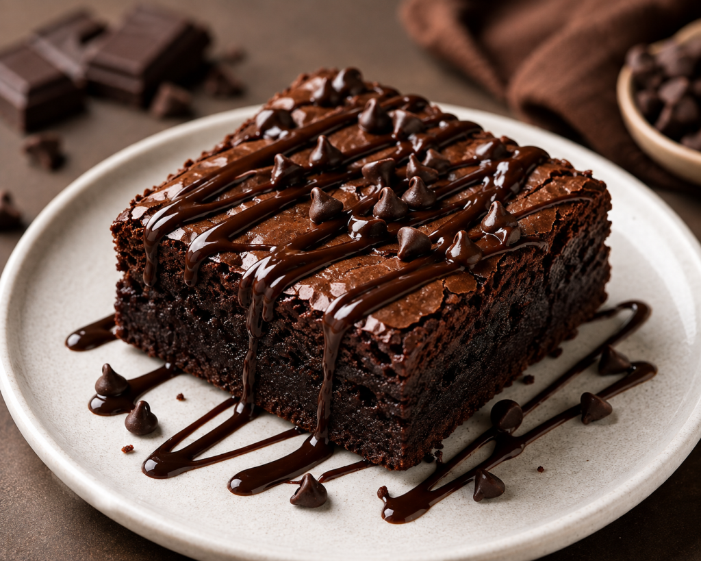 Fudgy chocolate brownie served with chocolate sauce and nuts