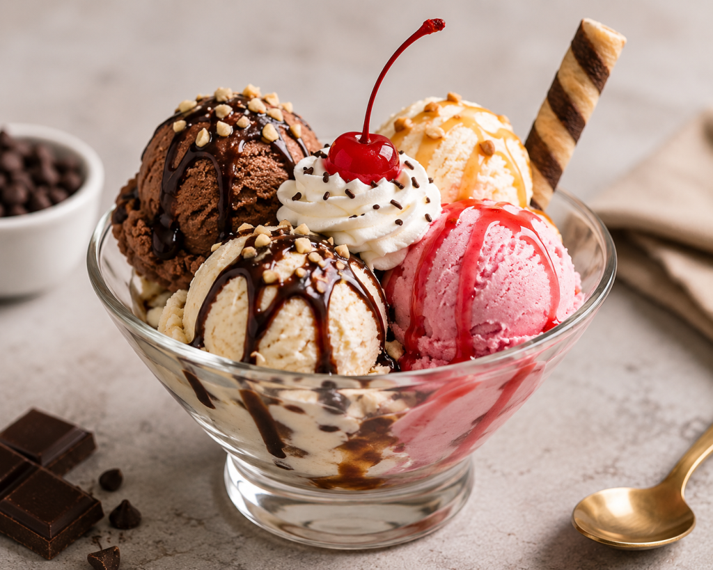 Colorful ice cream scoops with chocolate and pistachio toppings