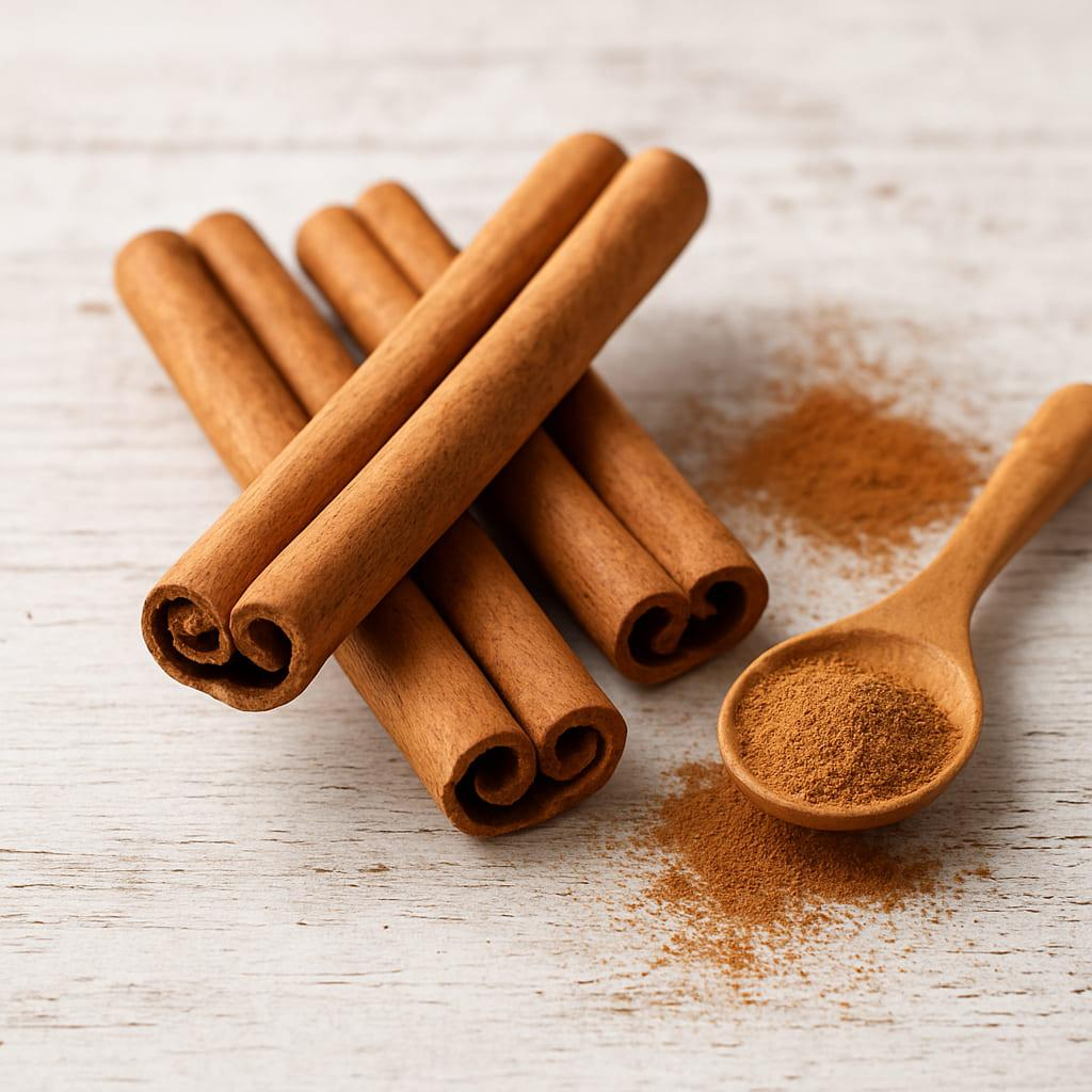 Whole cinnamon sticks and ground cinnamon used in Indian cooking