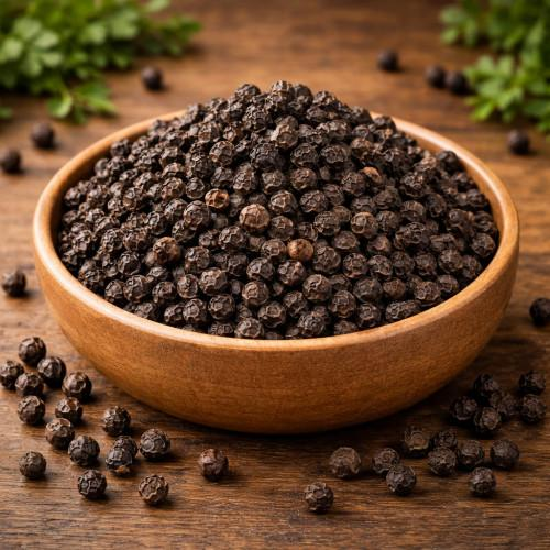 Whole black peppercorns used in Indian and international cooking