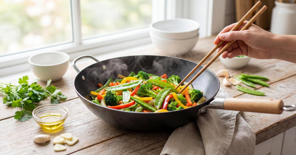 Healthy vegetable stir-fry cooked in a wok with colorful fresh vegetables and minimal oil