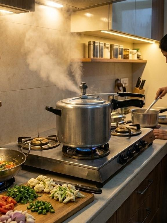 Pressure cooker preparing dal in an Indian kitchen using a healthy cooking method