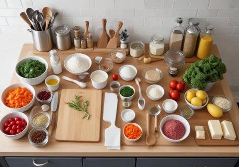 Organized kitchen setup with ingredients prepared before cooking